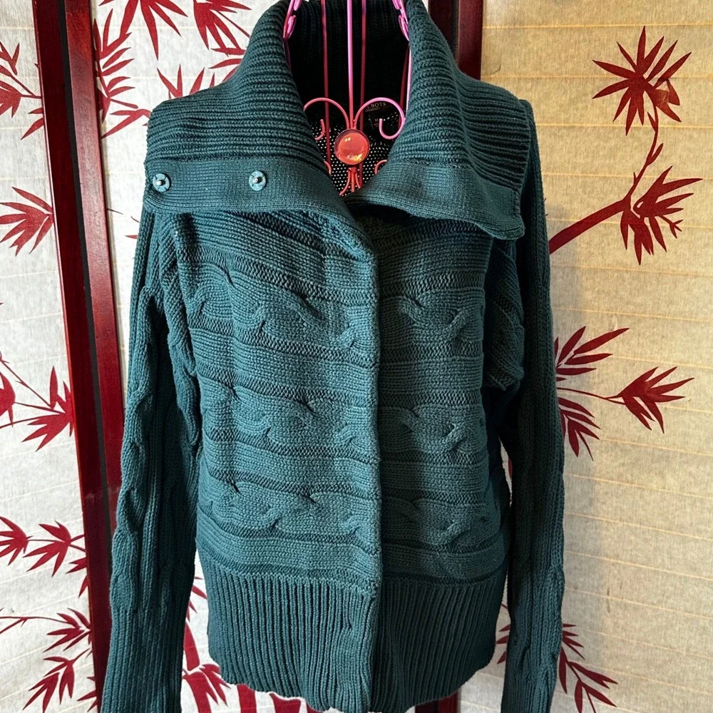 Talbots Green Chunky Cable Knit Convertible Collar Snap Front Cardigan Sweater M